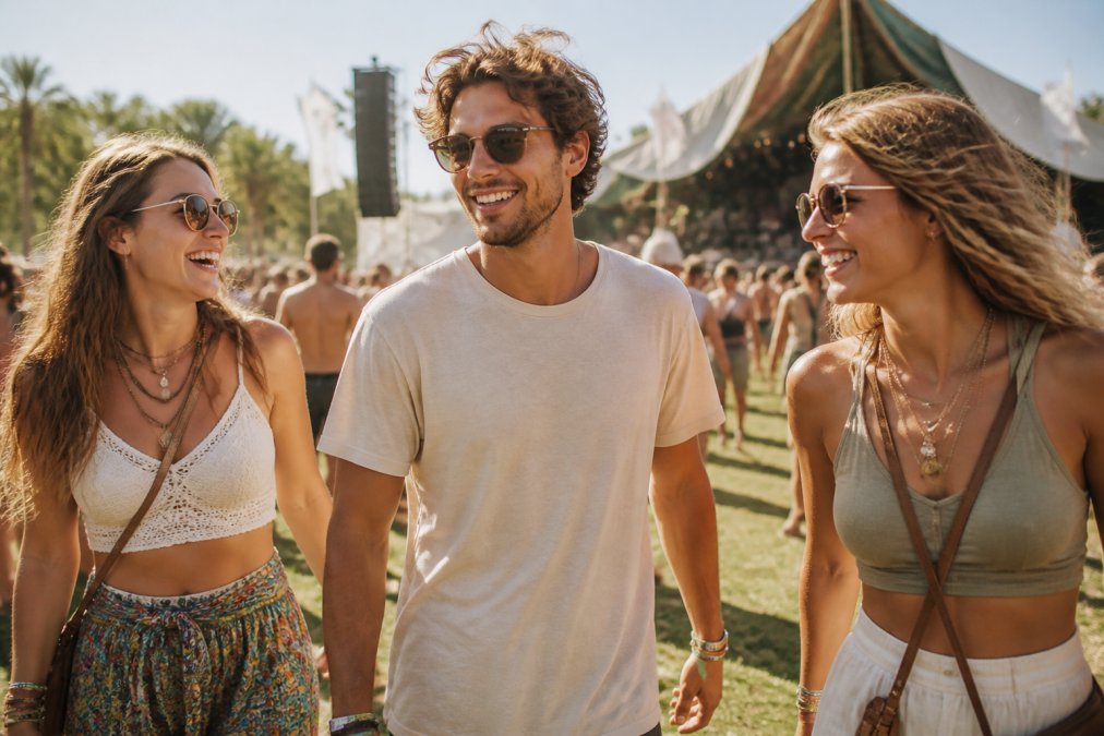 Festival-goer wearing a comfortable cotton t-shirt at an outdoor summer event, relaxed and smiling with friends in bright sunlight, surrounded by festival crowds and green grass