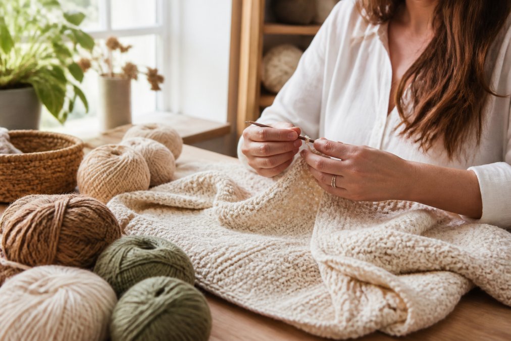 Close-up of hands crocheting a soft organic cotton sweater in a bright, sunlit studio, with skeins of natural yarn in earthy tones nearby
