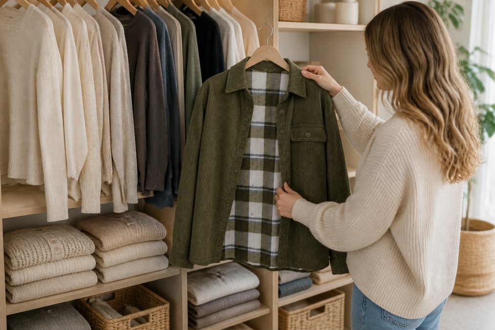 Woman organizing her closet with neatly folded neutral-colored clothing pieces in soft natural lighting, showing a well-curated collection of quality garments arranged by color and type