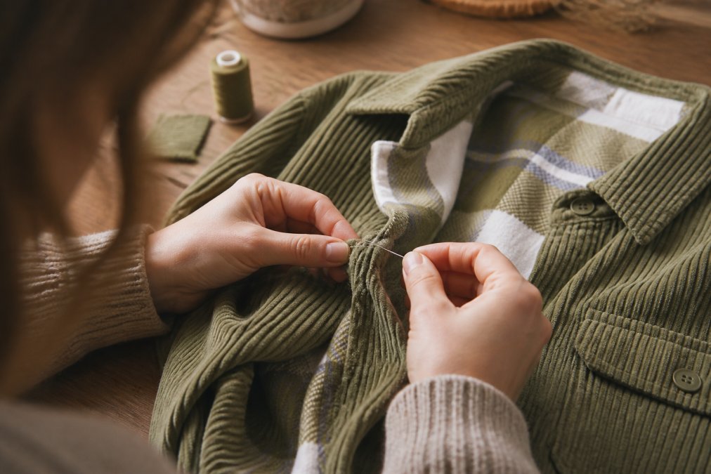 Close-up of hands carefully mending a quality garment with needle and thread, demonstrating clothing repair and maintenance techniques on natural fabric in warm natural lighting