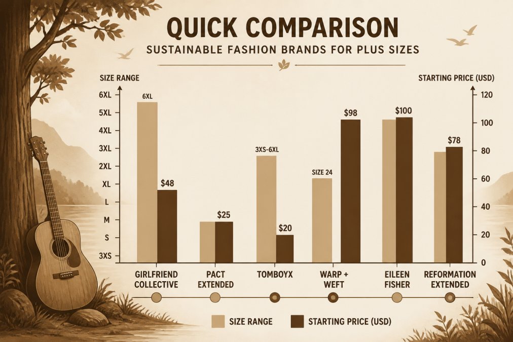 Bar chart comparing size range and starting price across six brands: Girlfriend Collective up to 6XL at $48, Pact extended at $25, TomboyX 3XS-6XL at $20, Warp + Weft size 24 at $98, EILEEN FISHER extended at $100, Reformation extended at $78