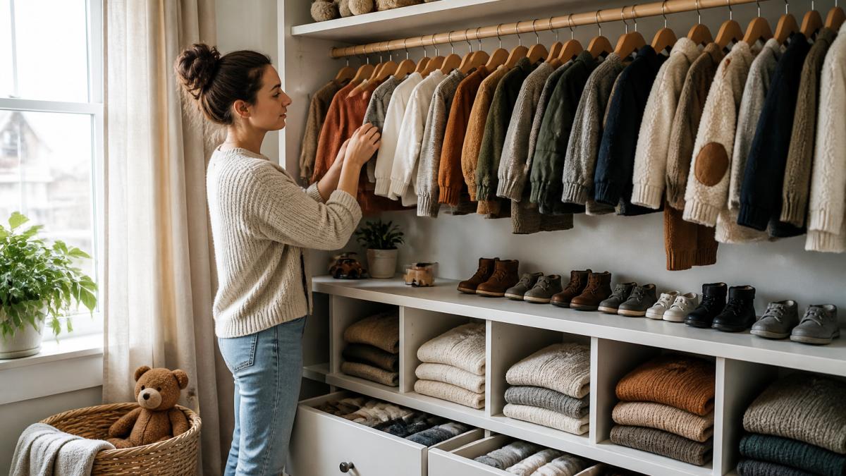 Neatly organized children's closet featuring coordinated earth-tone fall and winter clothing on wooden hangers.