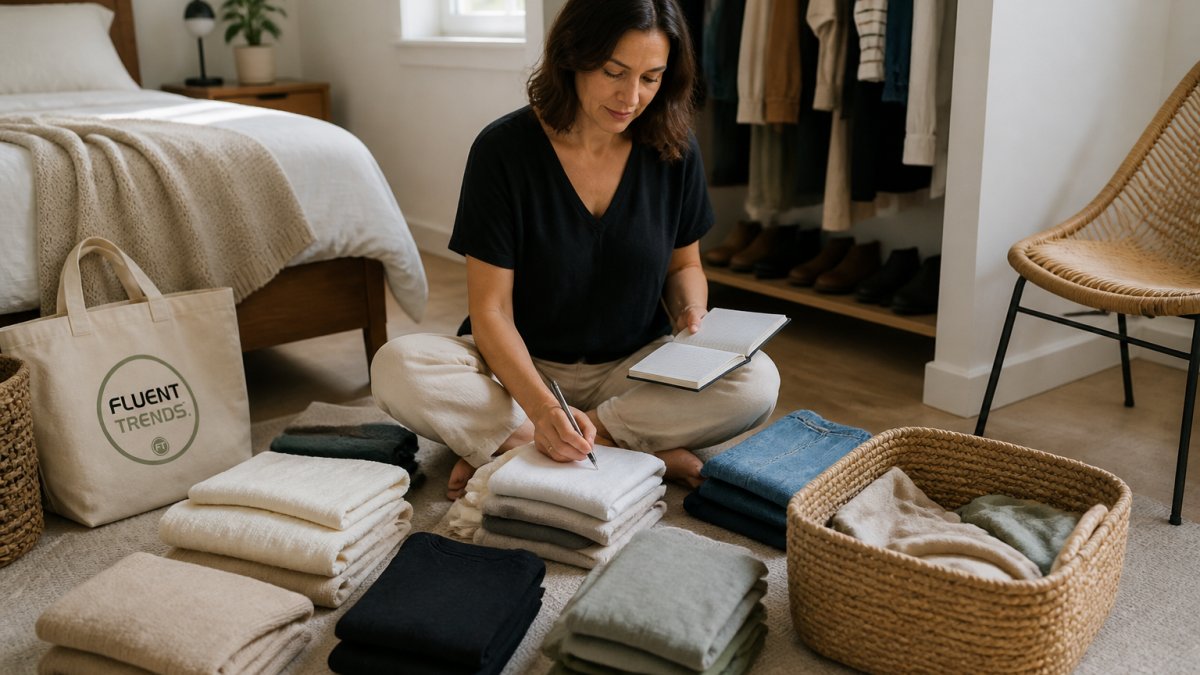 A woman in her 40s sitting on a bedroom floor surrounded by neatly folded clothing in neutral tones, holding a notebook and pen, sorting items into keep and donate piles in a bright, minimalist room