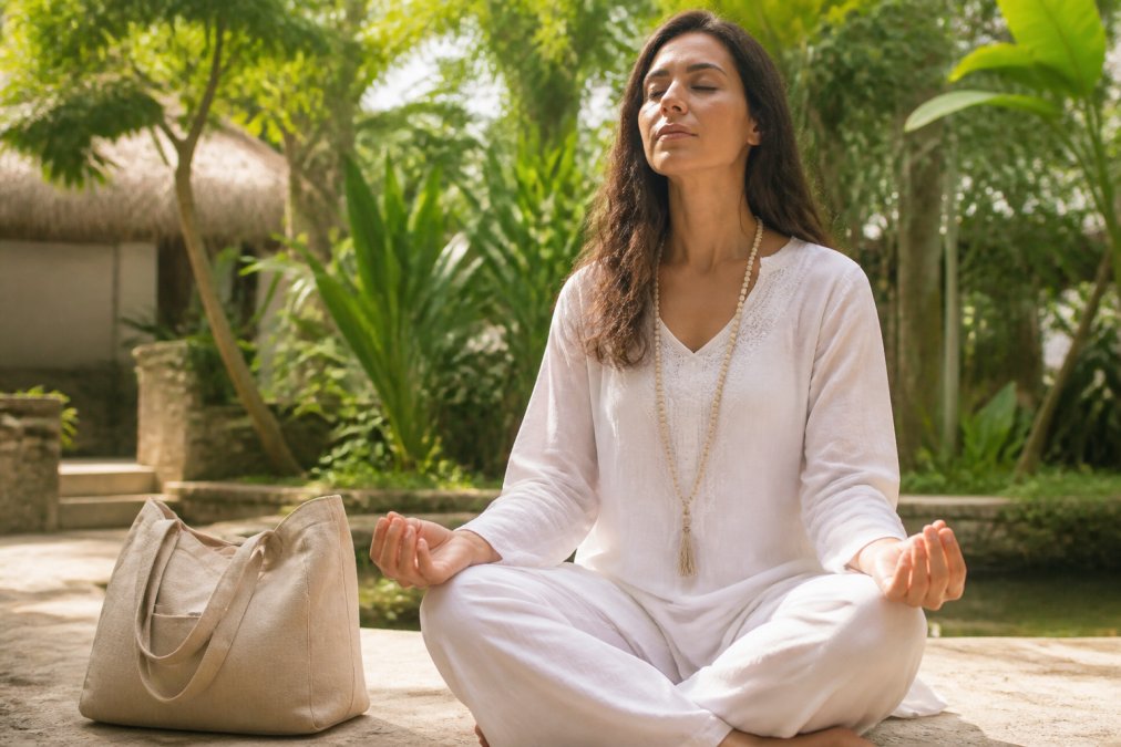 A woman in a flowing white organic cotton tunic sitting cross-legged in a serene, sunlit tropical garden, eyes closed in meditation, with a linen bag beside her