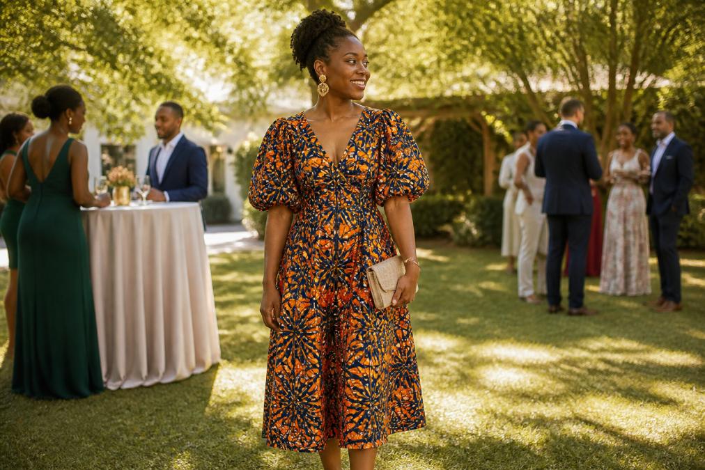 A woman wearing a vibrant hand-dyed midi dress with bold African-inspired print, standing in a sunlit outdoor garden venue, holding a small clutch, styled for a cocktail wedding