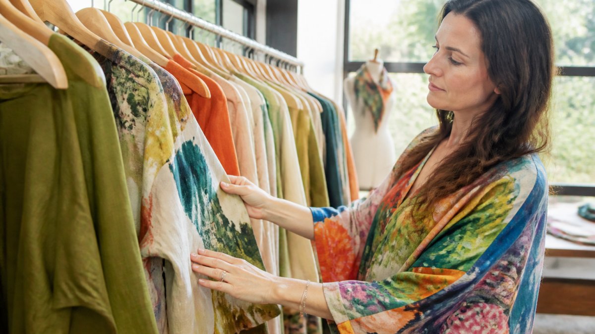 Woman thoughtfully selecting textured natural garments from a rack of sustainable fashion labels in a bright studio.