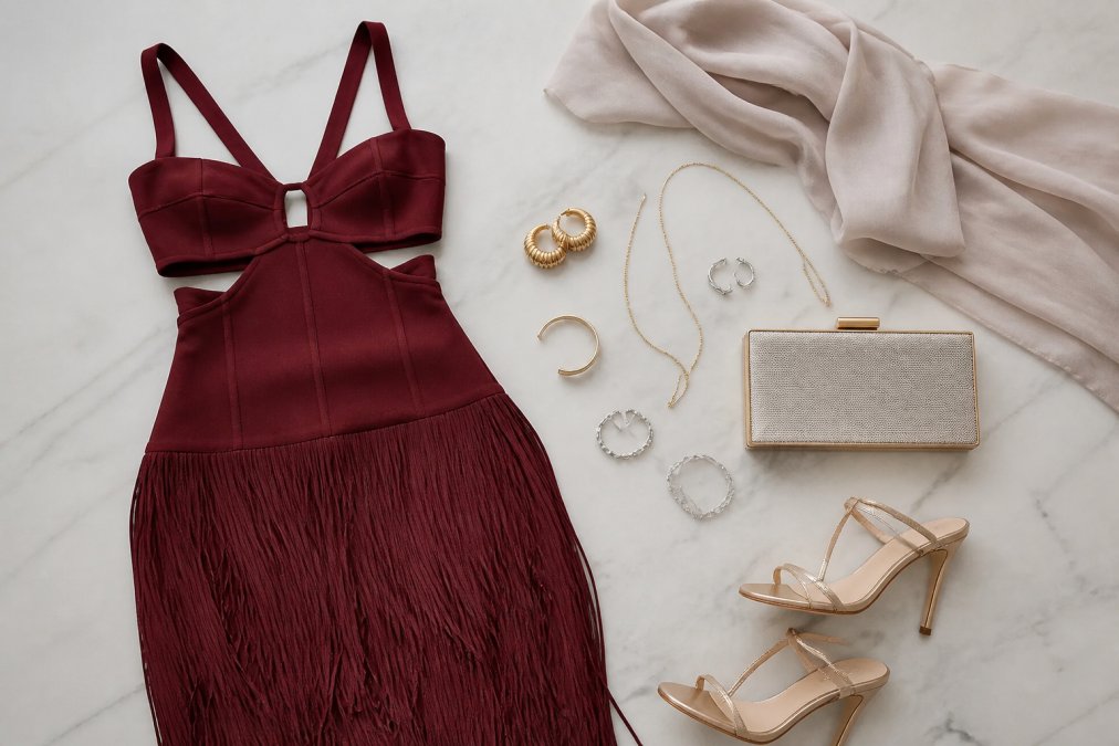 Close-up of styling accessories, gold and silver jewellery, a structured clutch, strappy heels, and a lightweight wrap, arranged next to a neutral formal dress on a marble surface to demonstrate multiple styling options