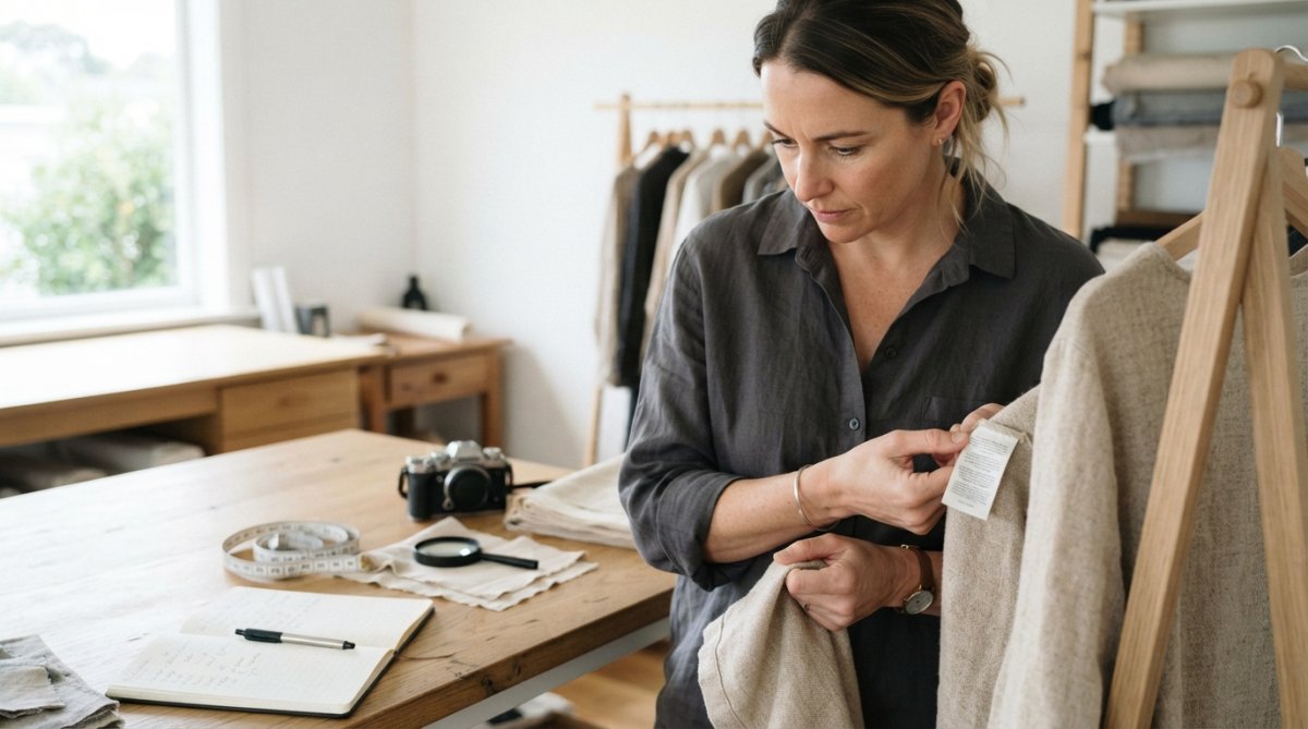 A retail buyer examining the fabric label of a natural fibre garment in a bright, minimal studio space, inspecting the material closely under soft natural window light