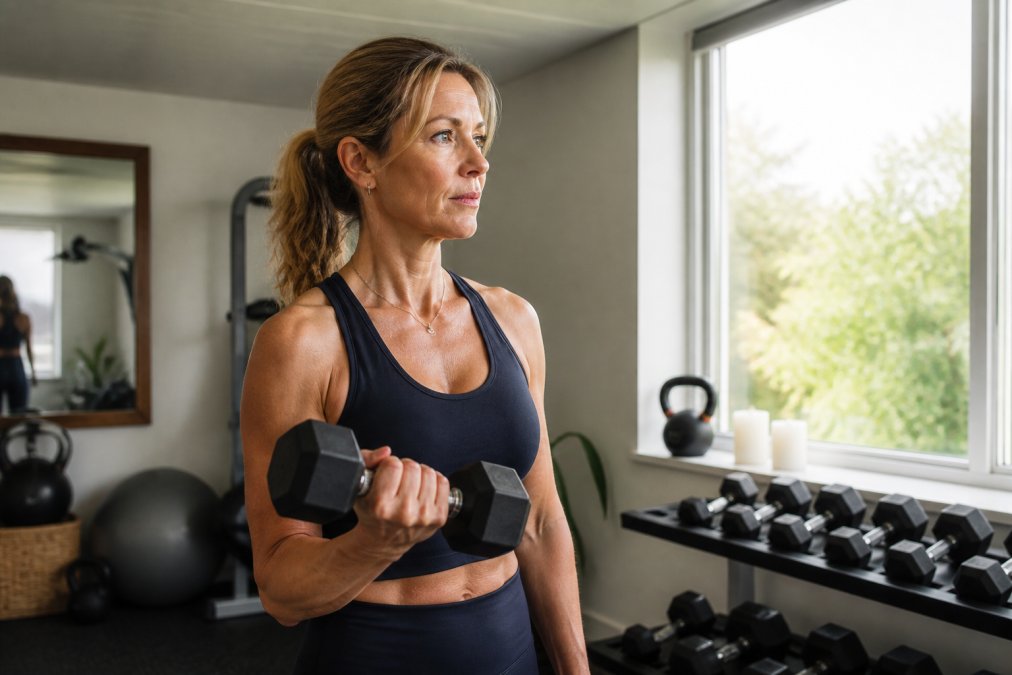 Woman in her late 40s lifting a dumbbell in a bright home gym to support sustainable fat loss through strength training.
