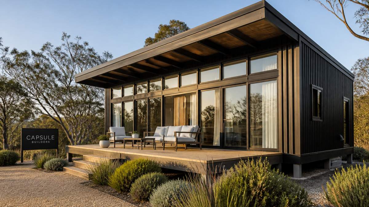 A modern modular home exterior with large double-glazed windows, deep eaves for shading, and native landscaping, photographed in warm afternoon light