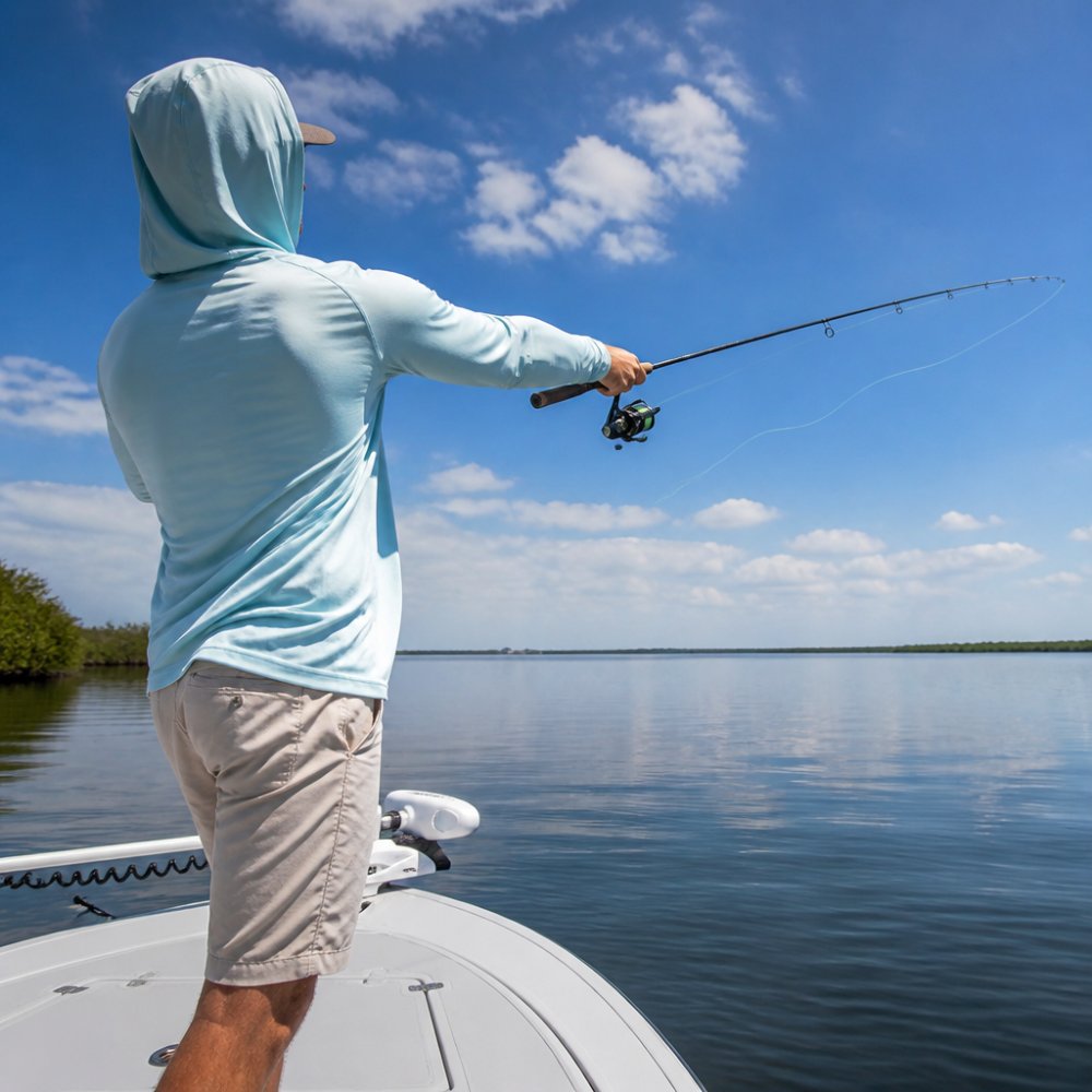 Angler in hooded UV shirt casting a fishing line from a boat on calm water under bright sunlight, with clear sky and distant shoreline visible