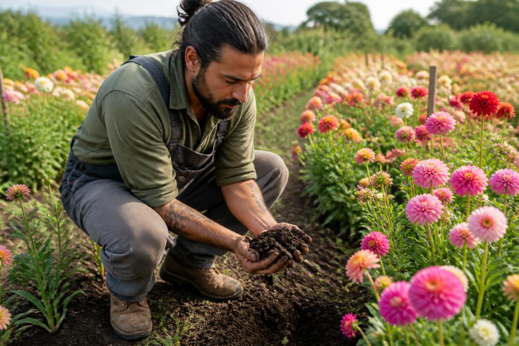 A farmer kneeling in a lush flower field, inspecting soil health and holding a handful of dark, rich earth with blooming flowers in the background