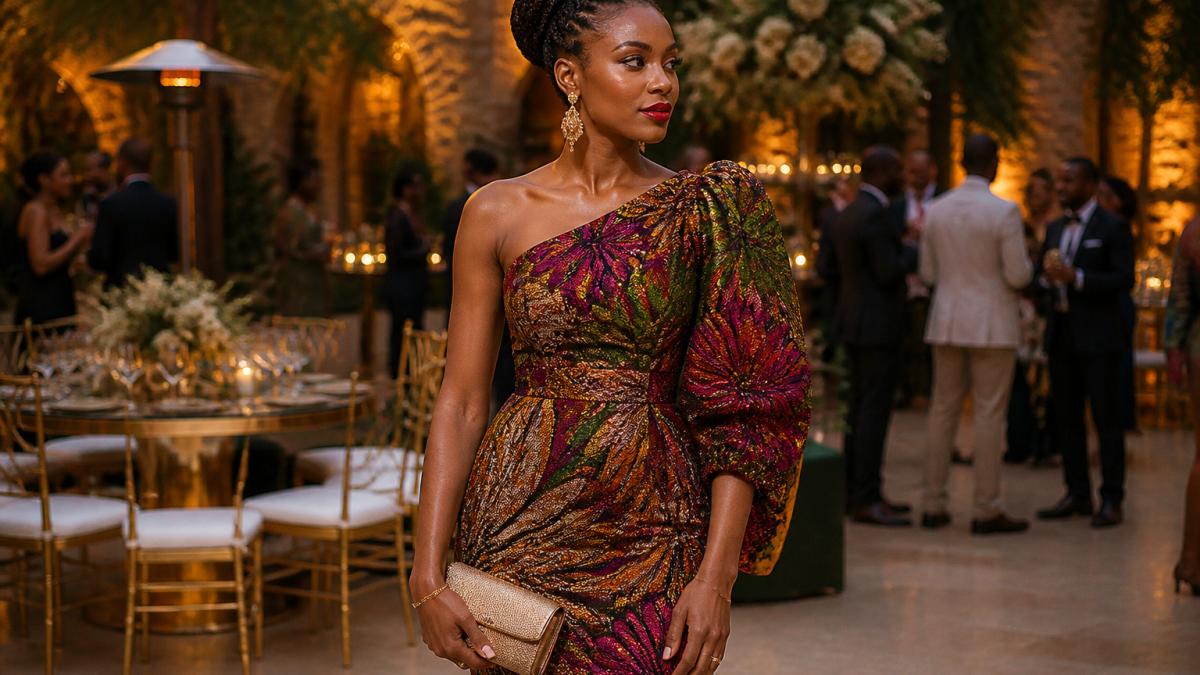 Woman in a vibrant patterned dress standing at a formal evening event with soft golden lighting