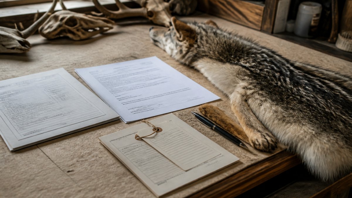 Taxidermist reviewing a supplier's paperwork, license, harvest tag, and signed sourcing statement, laid out on a workbench next to a raw pelt