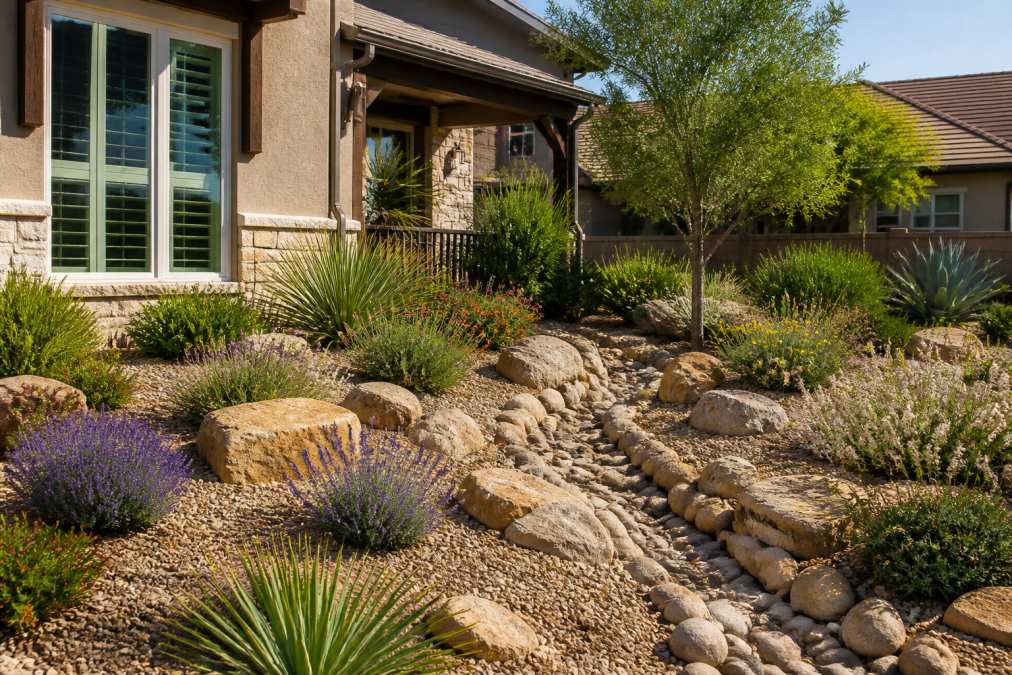 Infographic illustrating a sustainable garden design with xeriscape elements like gravel, boulders, and native plants.