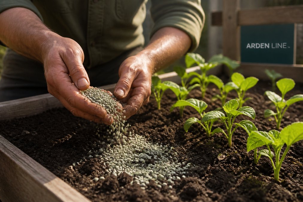 Hands mixing granular zeolite mineral amendments into dark garden soil near green seedlings