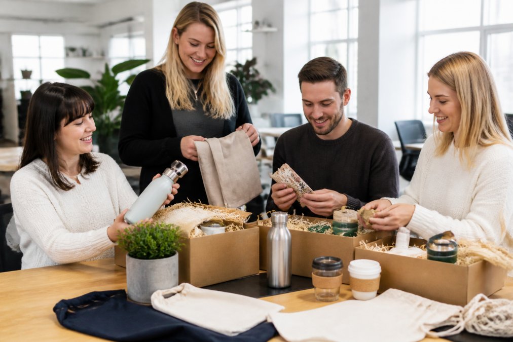 Office team members unpacking and examining eco-friendly gift hampers together at their desks, with visible reusable bottles, organic cotton items, and plantable products spread across a table