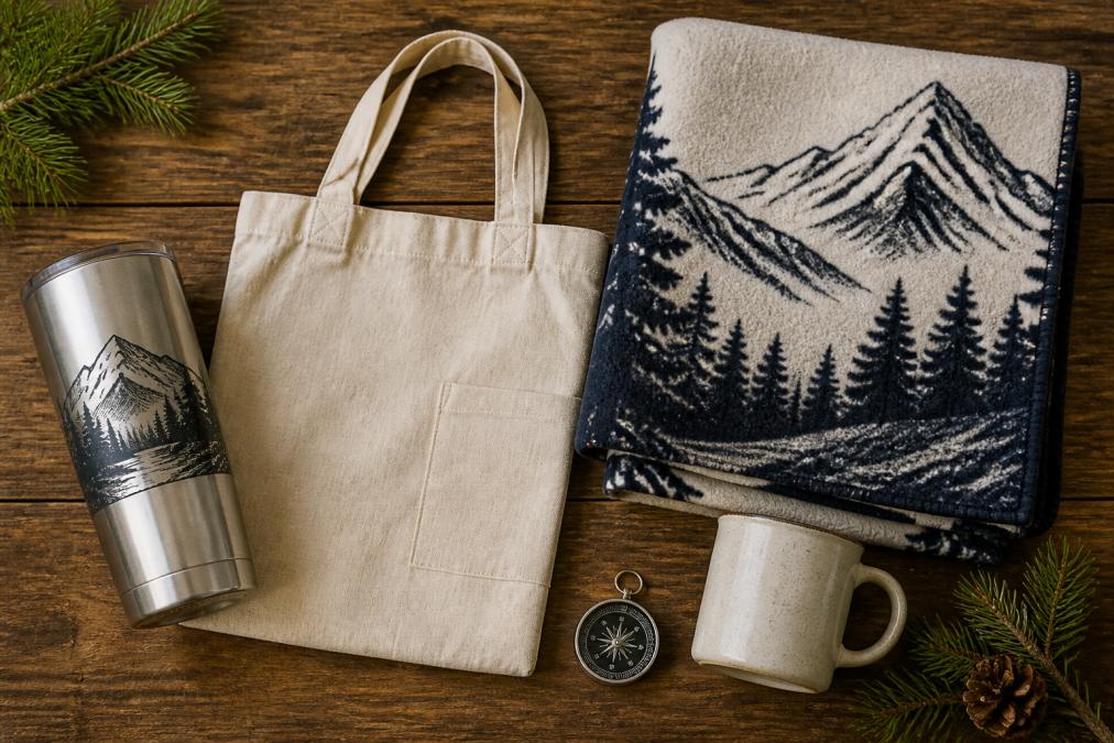 A flat-lay photo of sustainable outdoor gifts arranged on a wooden table: a stainless steel tumbler with mountain artwork, a cotton canvas tote bag, a folded fleece blanket with a mountain print, and a ceramic mug, styled with pine sprigs and a small compass