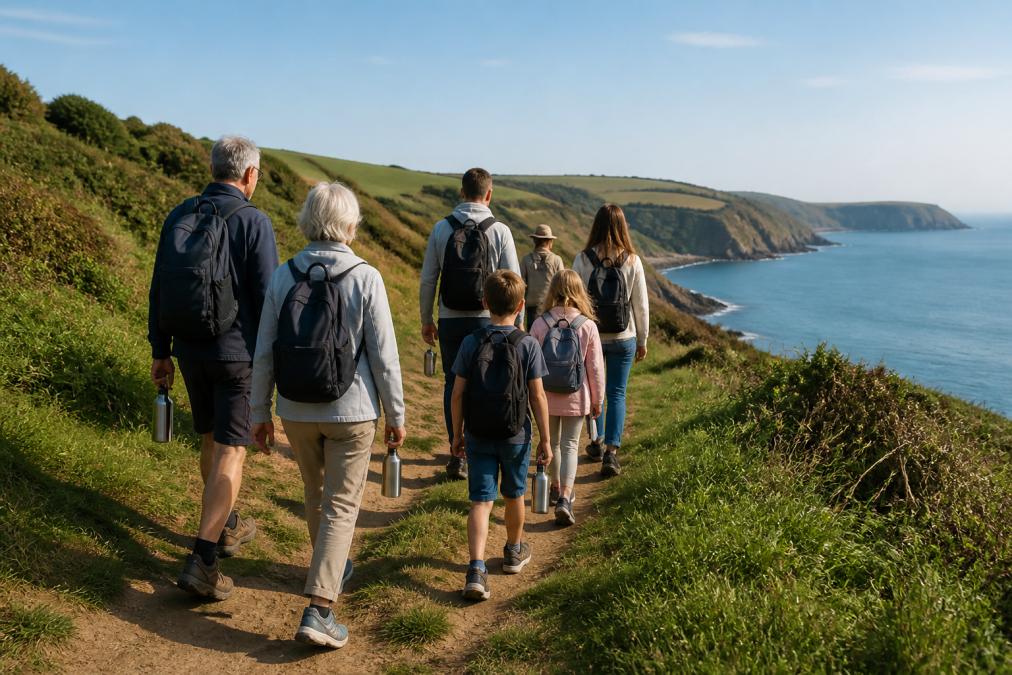 A multi-generational family group walking along the South West Coast Path near Salcombe, carrying reusable water bottles and day packs, green coastal hills and sea views behind them, soft afternoon light