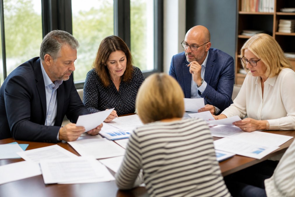 Senior educational leaders and staff collaborating in a workshop setting, reviewing strategic documents and discussing growth initiatives around a table with natural window lighting