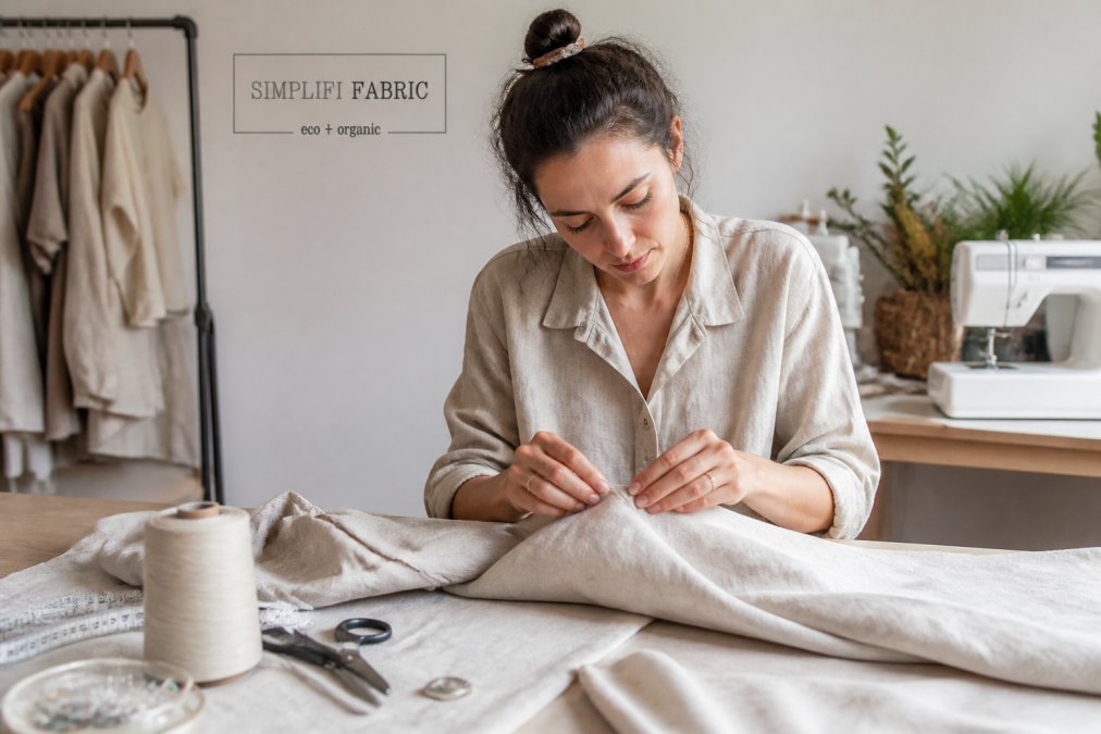 Professional demonstrating sustainable hemp fabric for garment making technique in modern clinical setting with natural lighting
