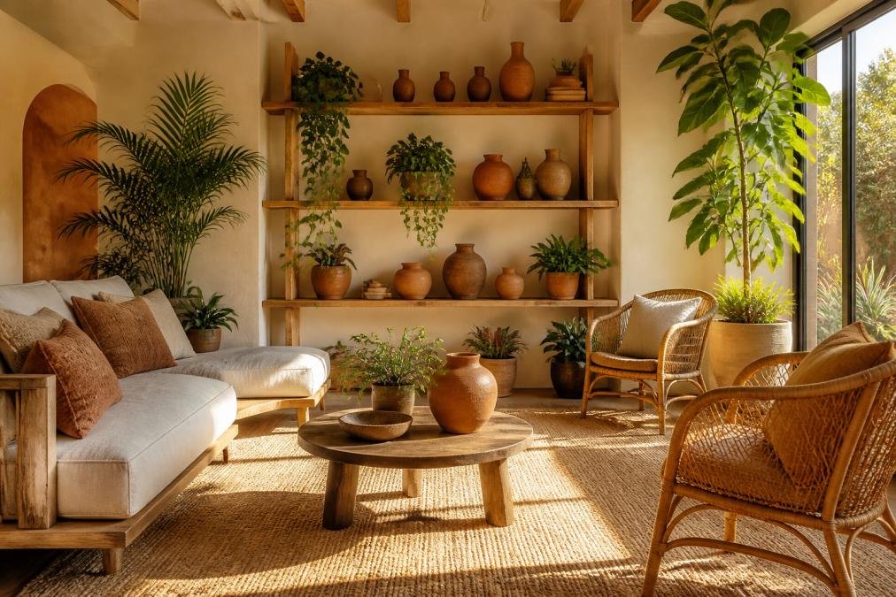 A sunlit living room styled with terracotta ceramic vases, a jute rug, rattan furniture, and a cluster of potted plants on a wooden shelf, warm afternoon light casting soft shadows across natural wood tones