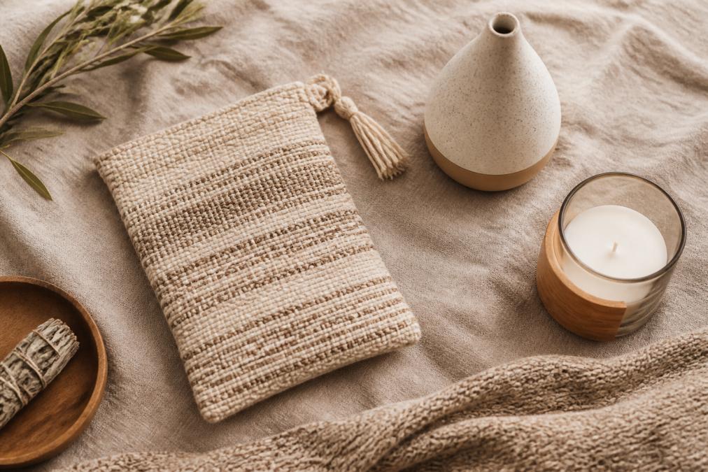 A neatly arranged flat lay of artisan-crafted home gifts on a linen cloth, including a small ceramic diffuser, a hand-woven textile pouch, and a glass candle holder, photographed from above in warm natural light