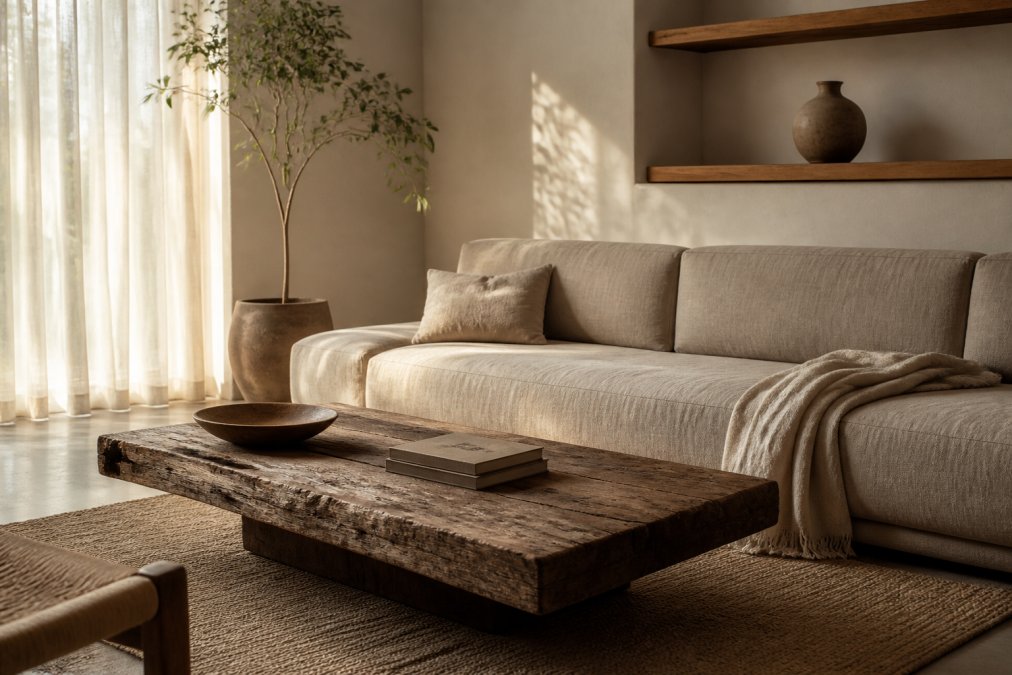 A serene minimalist living room with earthy tones, a low-profile linen sofa, a reclaimed wood coffee table, and a single ceramic vase on an open shelf, bathed in soft afternoon light through sheer curtains