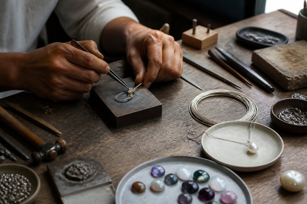 Skilled artisan jeweller's hands working with precision at a wooden workbench, surrounded by metalworking tools, precious metal wire, and gemstones in natural studio lighting