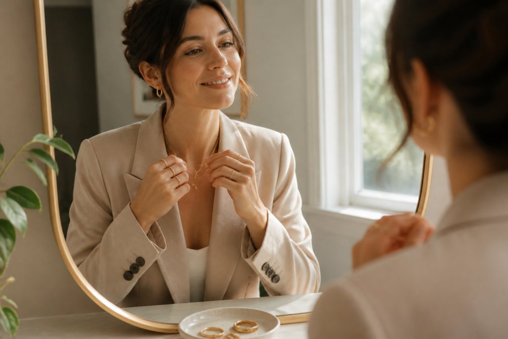 Woman in a neutral blazer styling minimalist sustainable jewelry at a bright vanity with gold rings on a tray.