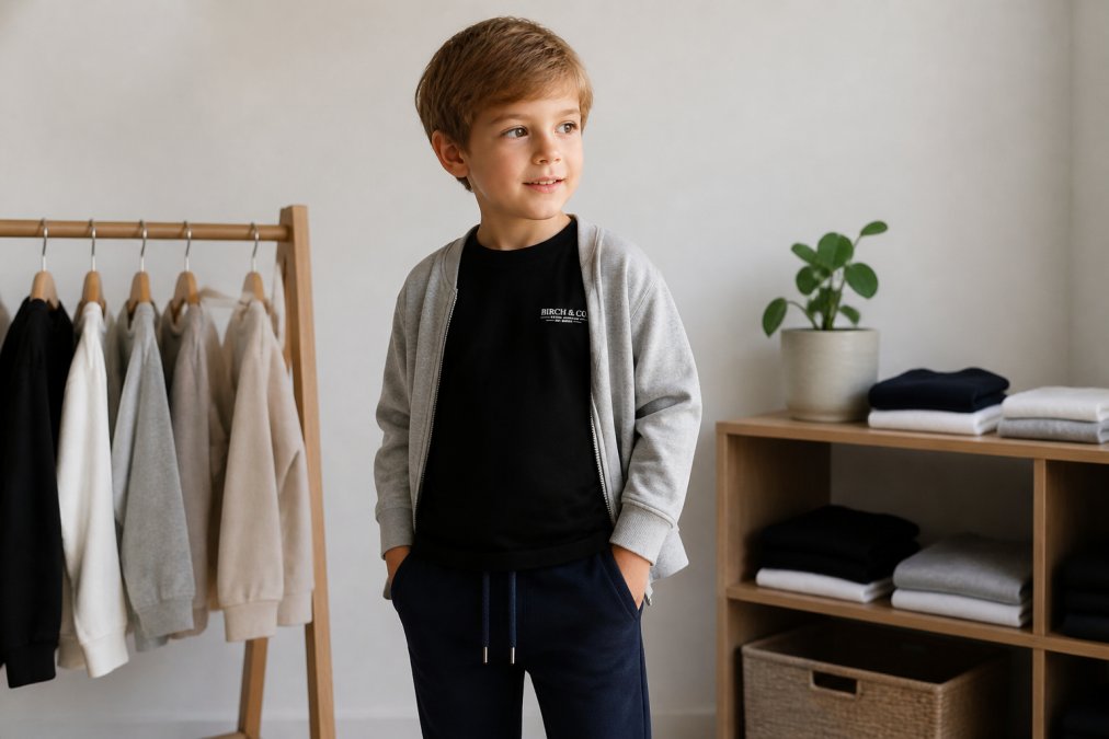 Child wearing layered neutral-toned organic cotton basics including a white t-shirt, grey crewneck sweatshirt, and navy joggers, demonstrating how pieces mix and match together in a minimalist wardrobe