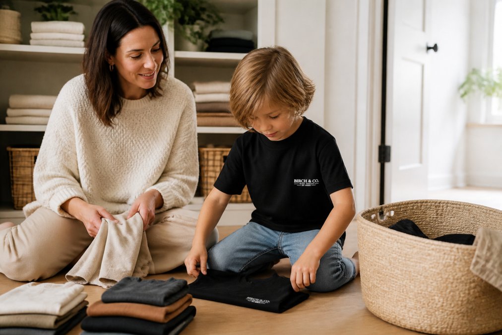 Parent and child folding and organizing well-worn but still-intact sustainable clothing pieces, showing the durability and longevity of quality garments, in a bright home setting