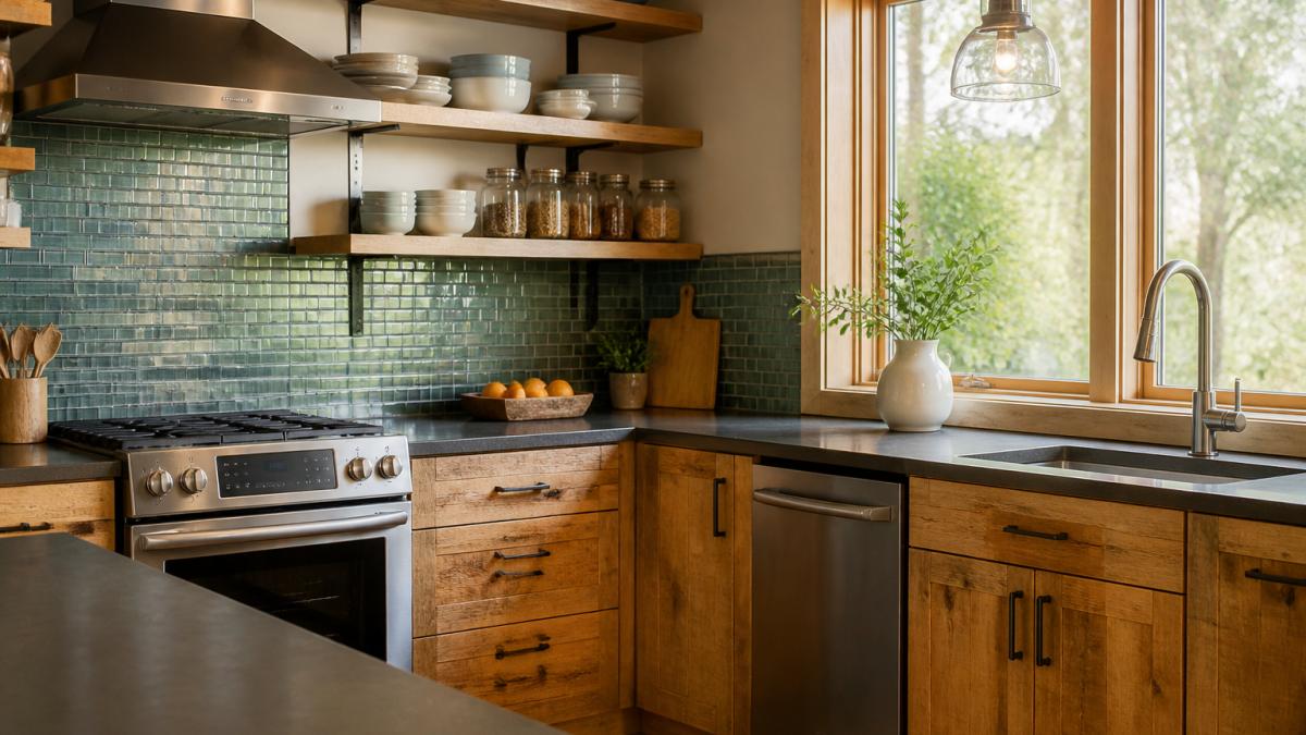 Modern kitchen featuring reclaimed wood cabinetry with warm honey tones, recycled glass backsplash catching natural light from a large window, stainless steel appliances, and light wood open shelving displaying ceramic dishes and glass jars