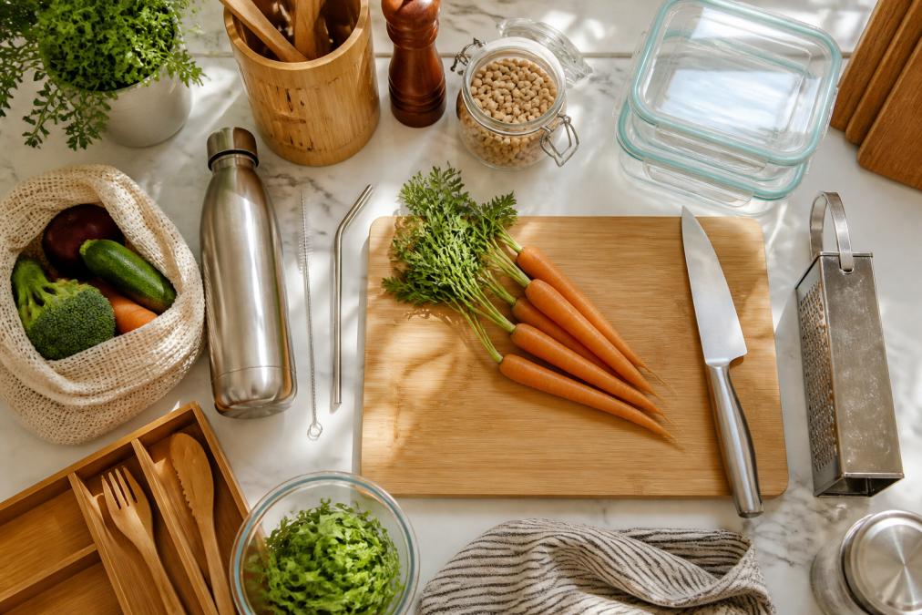 Overhead shot of a modern kitchen counter with sustainable cooking tools including bamboo utensils, glass containers, wooden cutting boards, and stainless steel gadgets arranged neatly, natural daylight streaming in
