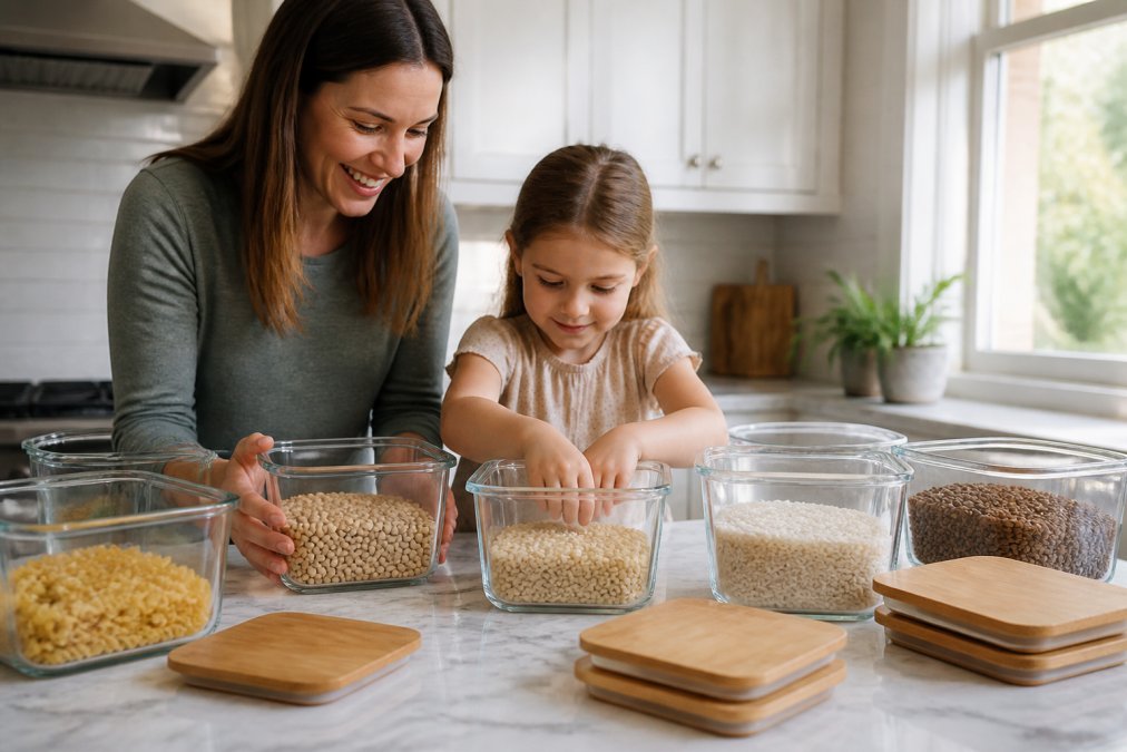 Parent and child organizing glass food containers for sustainable kitchen organization on a sunny counter.