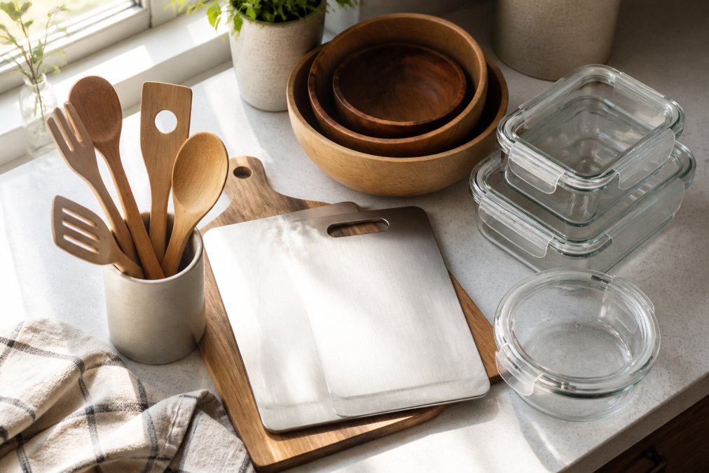 Sustainable kitchenware including wooden utensils, glass food storage containers, wood bowls, and stainless steel cutting boards