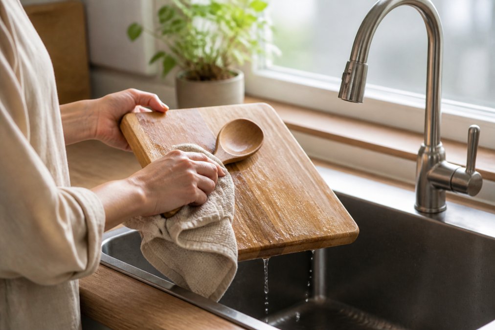 Hand washing and drying a wooden cutting board to help prevent warping and cracking