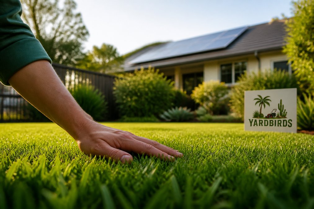 A close-up of a person's hand gently touching a thick, vibrant green lawn in a Sydney backyard, with a solar panel visible on a nearby roof in the soft afternoon light