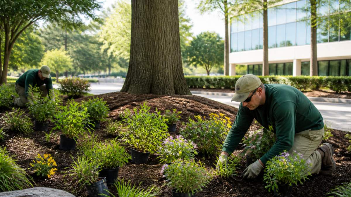 Professional landscapers installing native flowering shrubs and perennials in commercial property landscape bed with mature shade trees and mulch in background
