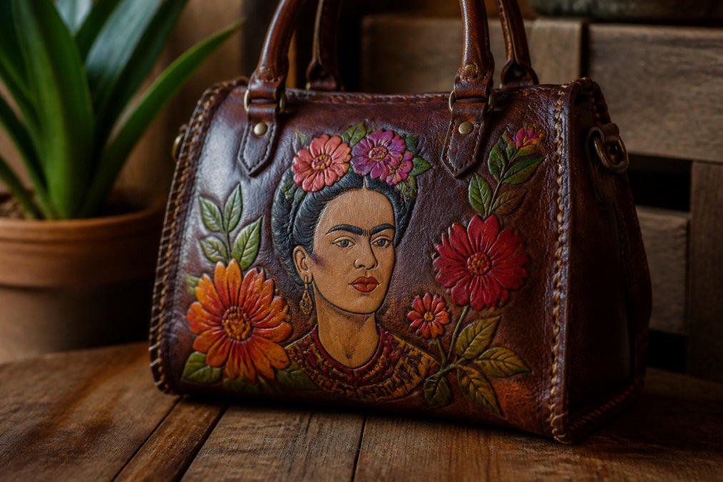 Close-up of a richly colored genuine leather handbag with intricate hand-painted Frida Kahlo floral motifs resting on a rustic wooden surface, warm natural light highlighting the deep grain texture and visible hand-stitching along the seams