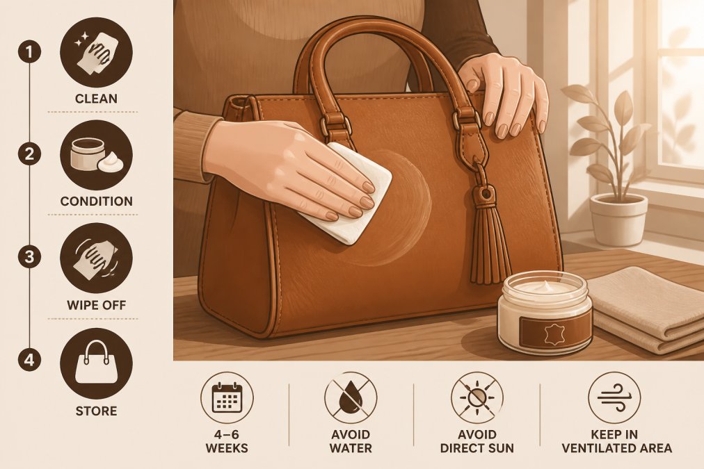 Woman's hands applying leather conditioner to a tan genuine leather bag on a clean wooden table, small glass jar of conditioner and a folded soft cloth visible to the side, warm afternoon light coming through a nearby window