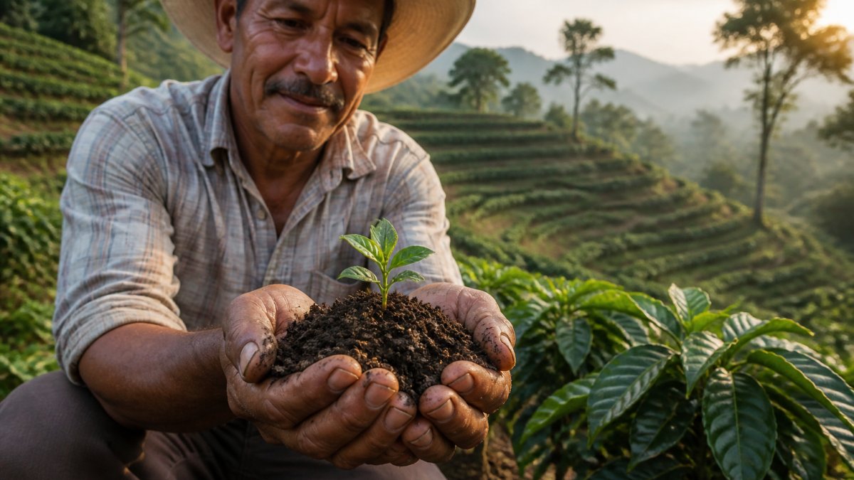 Close-up of a farmer's weathered hands holding dark, crumbly soil, with young coffee plant seedlings and terraced hillside rows visible in the soft morning light behind them