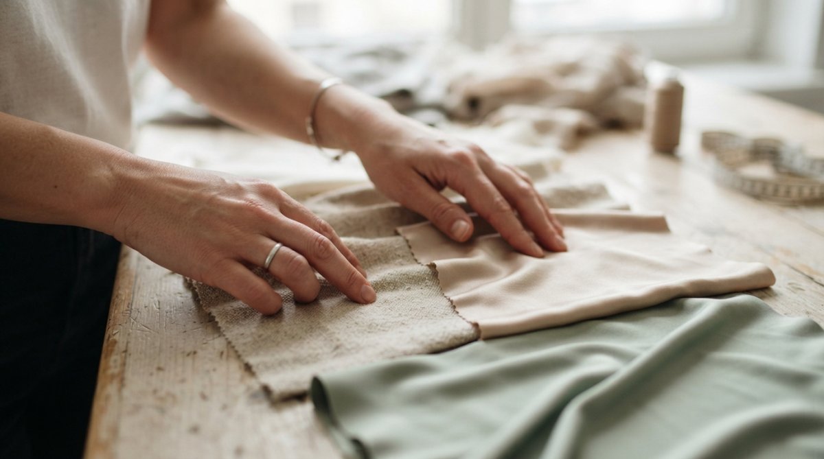 Close-up of hands touching different fabric swatches, organic cotton, bamboo viscose, and modal, showing texture and quality differences in natural lighting