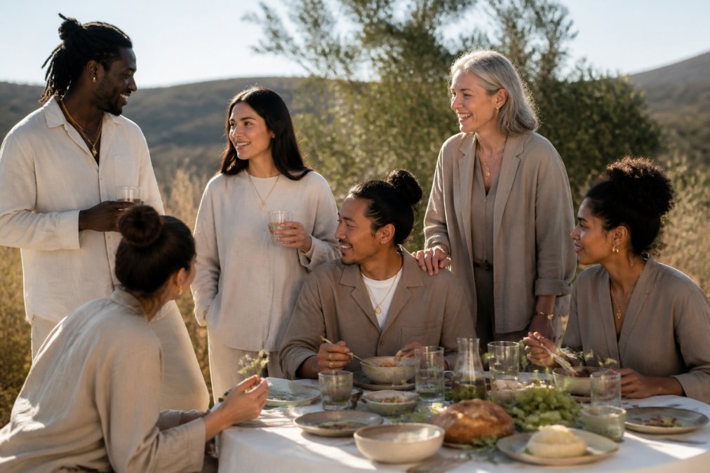 Diverse group of people wearing neutral-toned, minimalist luxury clothing pieces in natural daylight, showcasing unisex styling across different body types and ages