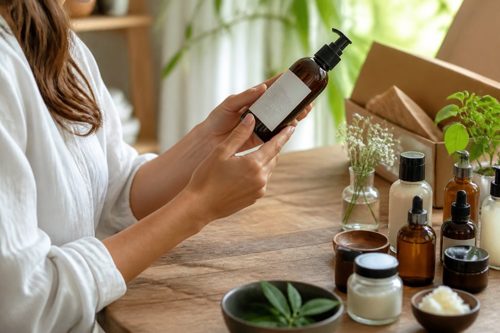 Person's hands holding luxury beauty product bottle, carefully reading the ingredient label and packaging information in natural window light, examining the details thoughtfully