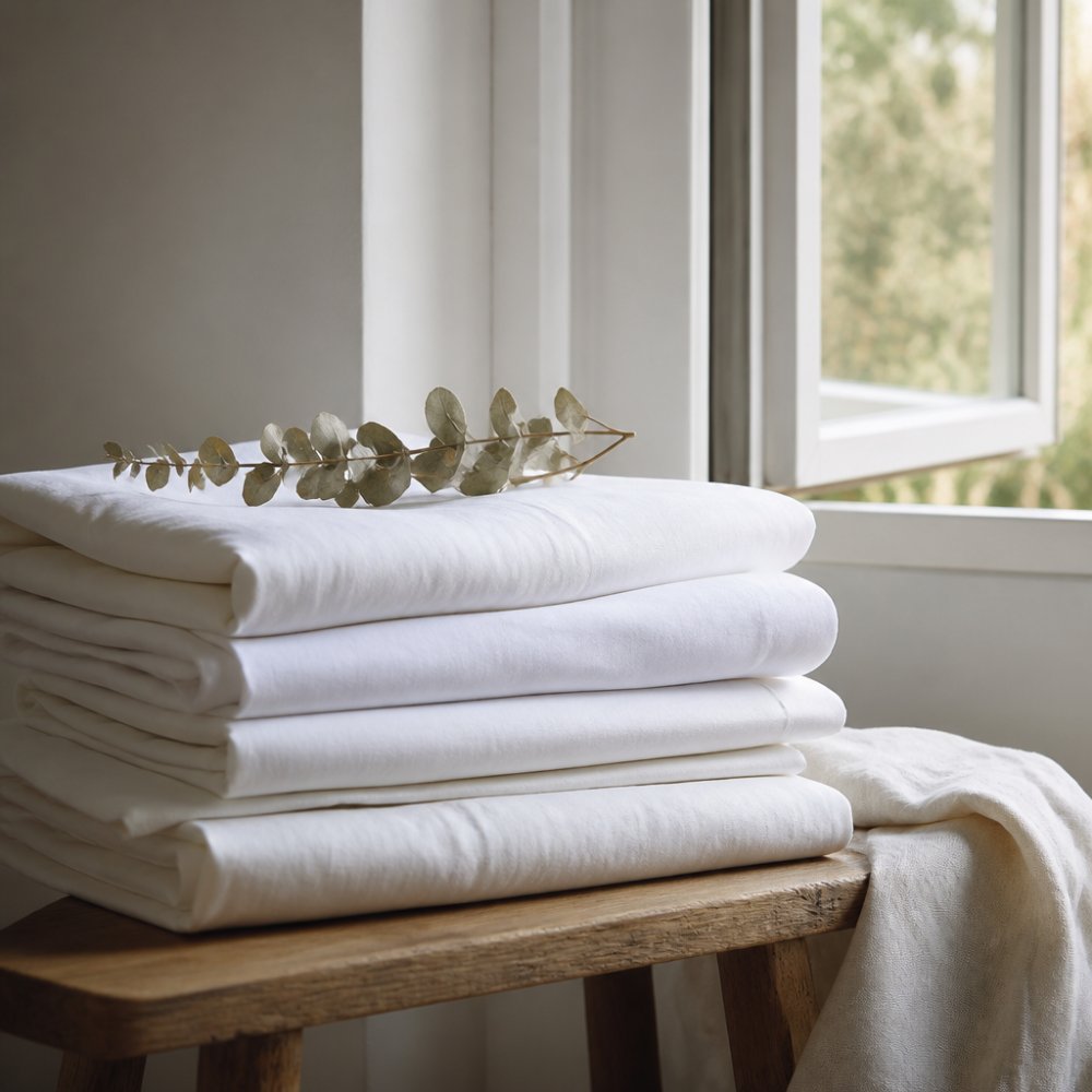 Neatly folded sustainable luxury bedding resting on a wooden bench near an open window with dried eucalyptus.