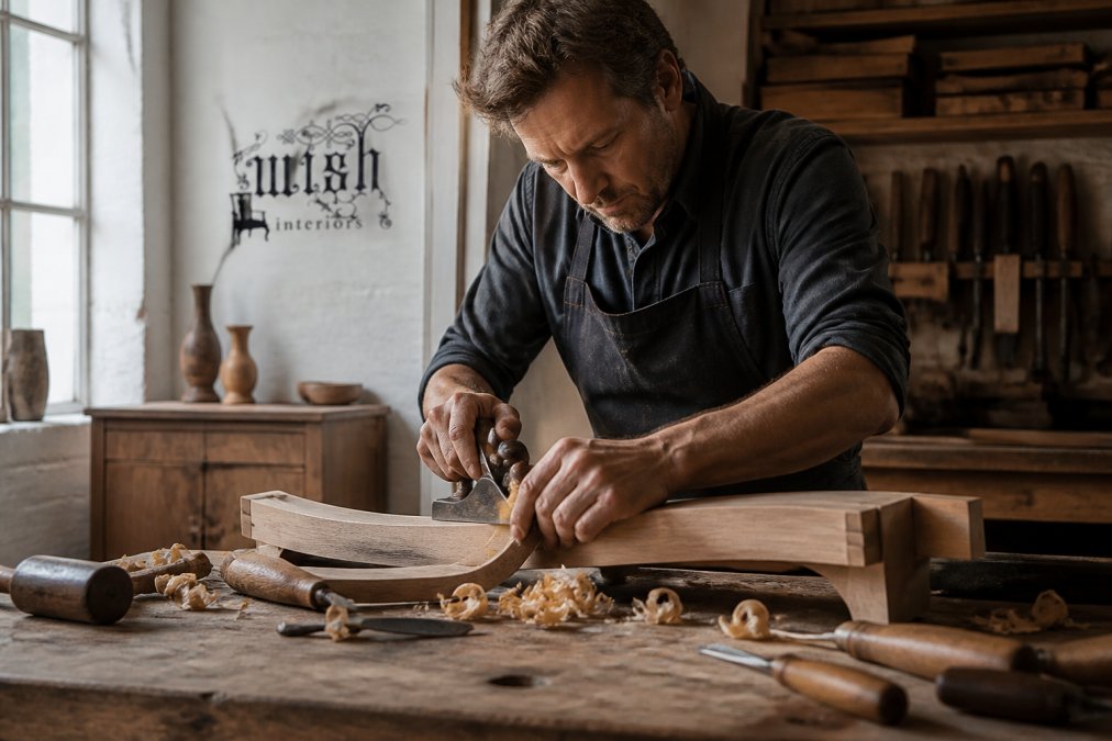 Craftsman’s hands shaping solid wood with traditional tools on a workshop workbench