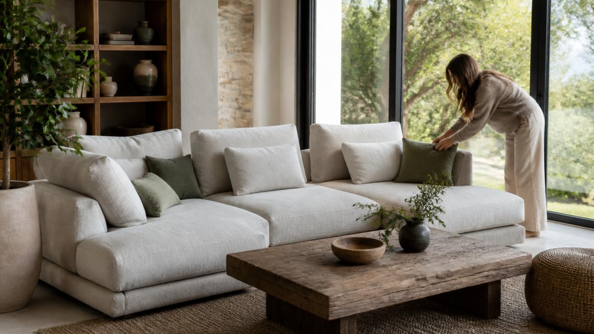 A light-filled living room with a modular sofa in natural linen, a reclaimed timber coffee table, and a person adjusting a cushion beside a large window
