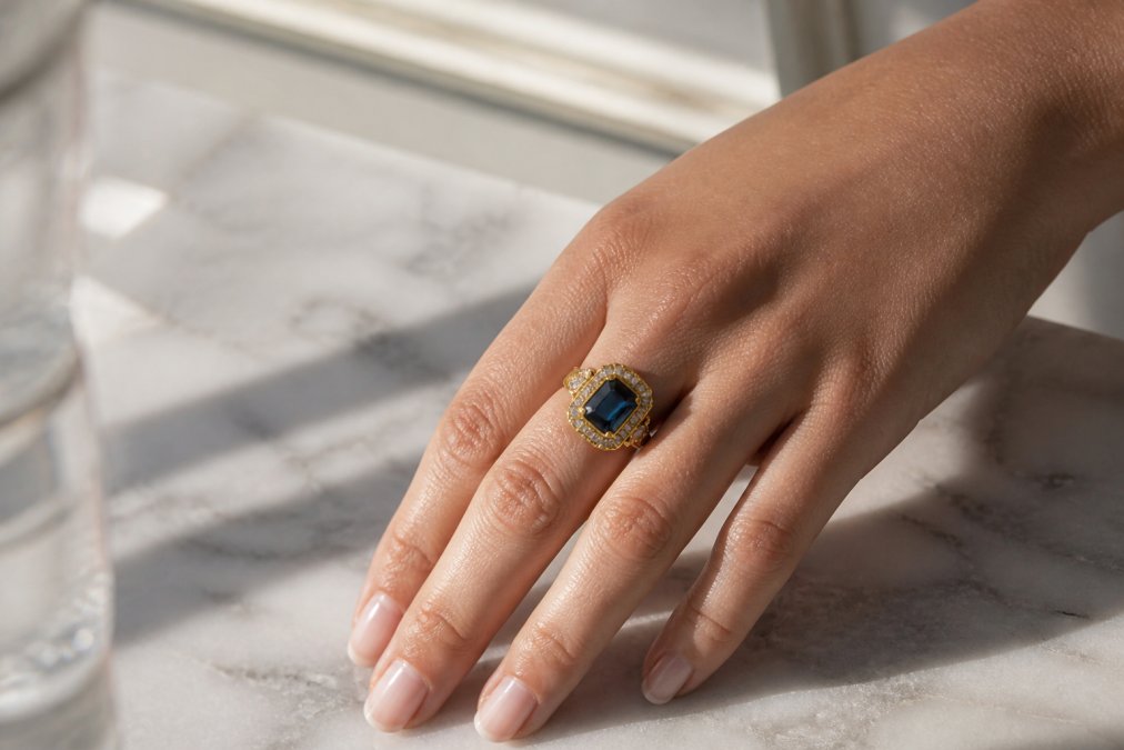 Close-up of a woman's hand wearing a bold 18k gold ring with sapphires and diamonds, resting on a marble surface in soft natural light