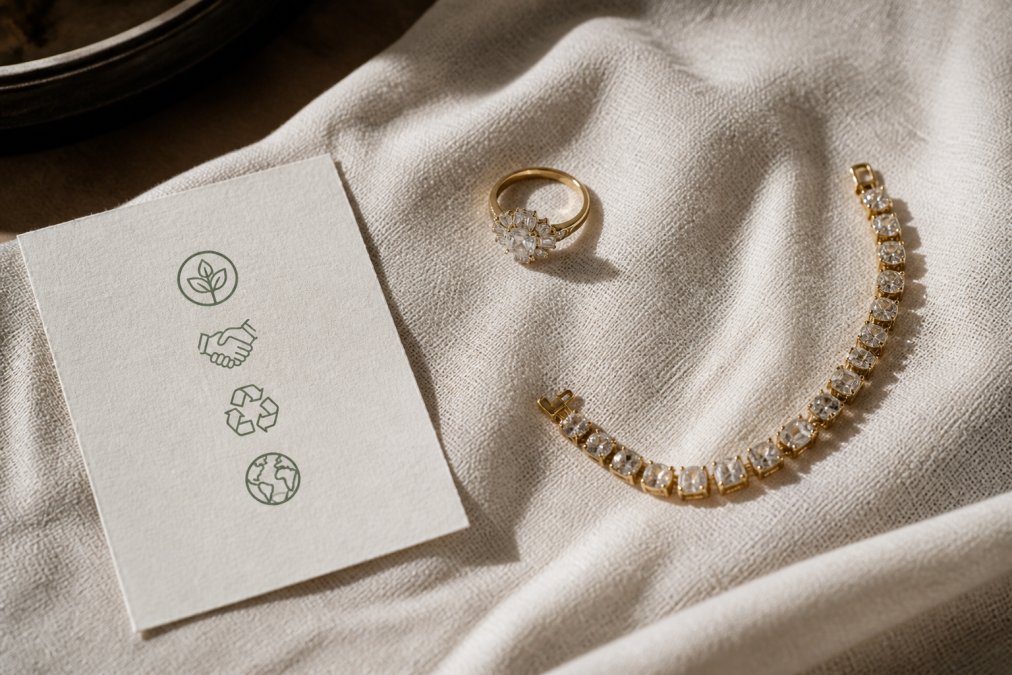 Recycled 18k gold ring and antique diamond bracelet styled as sustainable luxury jewelry on textured linen